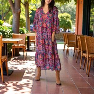 Natural Life Charlotte Midi Dress in Printed Folk Circles Sz S Boho Cottagecore